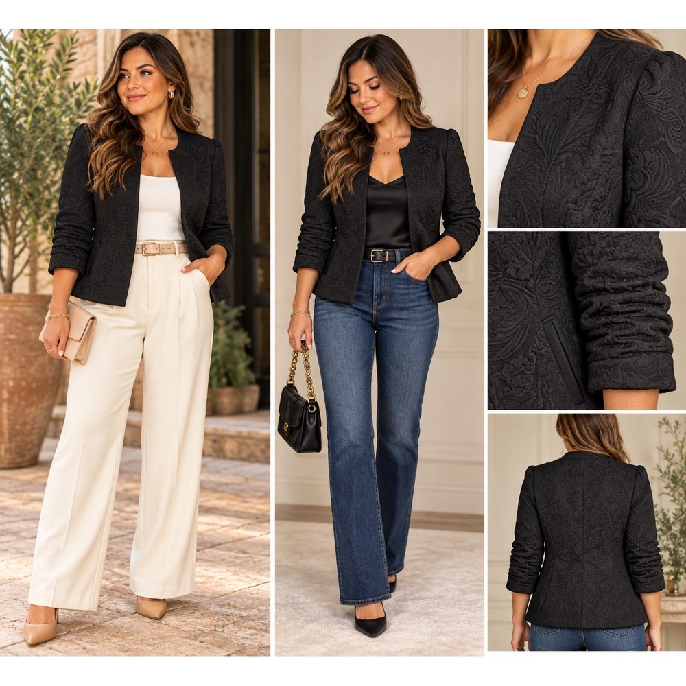 Mac & Jac Black Jacquard Ruched Sleeve Open Front Blazer Jacket Womens Size 6